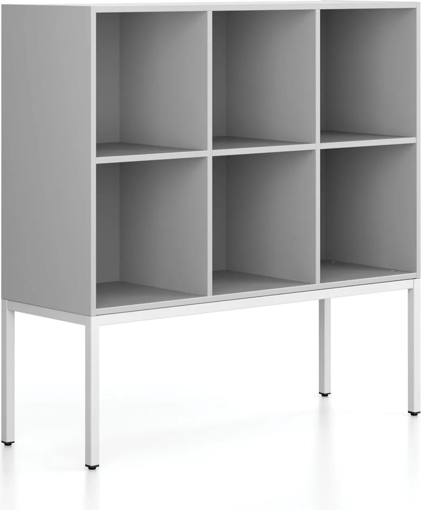 Regál FRAME, nízky, s bielou podnožou, 1299 x 450 x 1331 mm, sivá