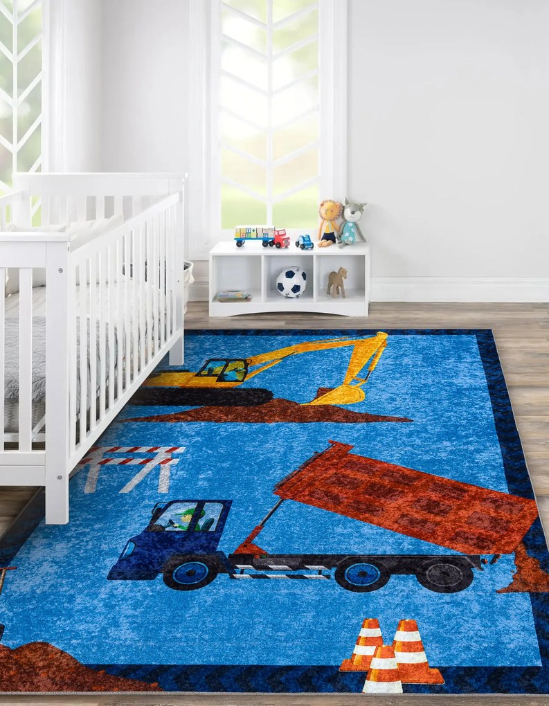 JUNIOR 51827.803 umývací koberec Nákladné auto, bager pre deti protišmykový - modrý Veľkosť: 200x290 cm