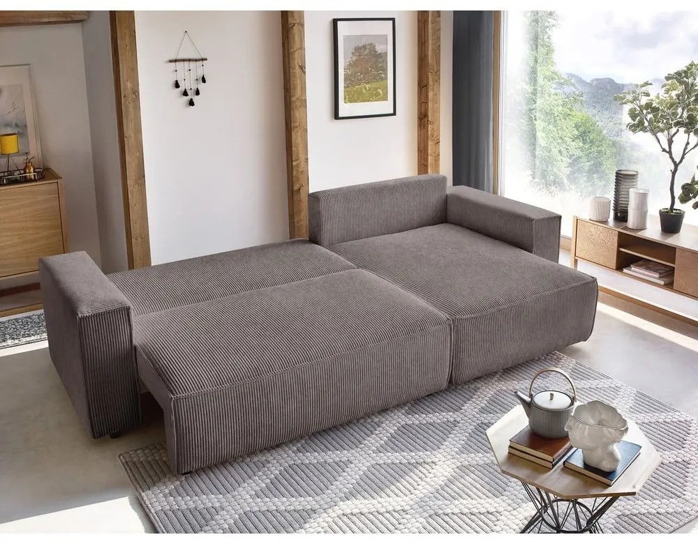 Taupe menčestrová rozkladacia/s úložným priestorom rohová pohovka Nihad – Bobochic Paris
