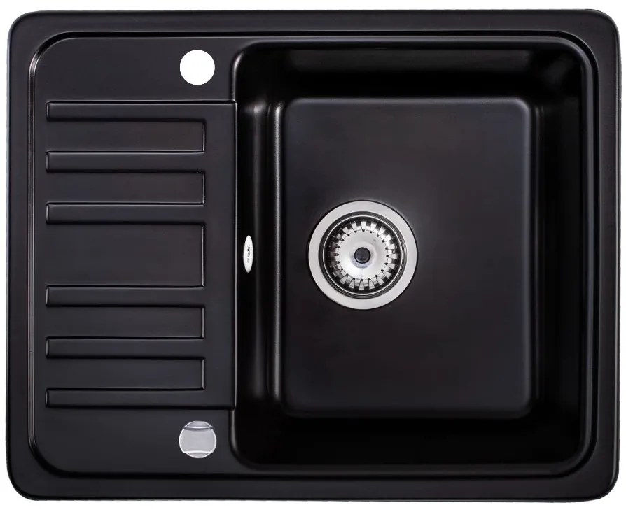 Sink Quality Sapphire, granitový kuchynský drez 565x460x210 mm + chrómový sifón, 1-komorový, čierna, SKQ-SAP.C.1KKO.X
