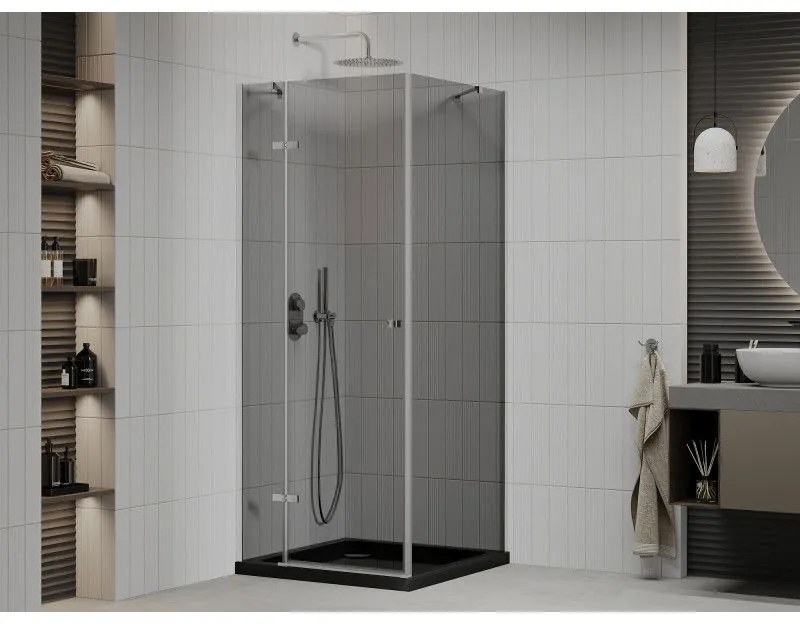 Mexen Roma, sprchový kút s krídlovými dverami 80 (dvere) x 80 (stena) cm, 6mm šedé sklo, chrómový profil + slim sprchová vanička čierna + chrómový sifón, 854-080-080-01-40-4070