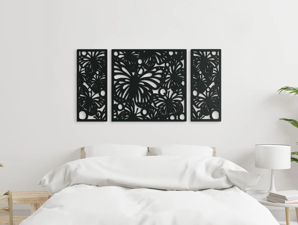 drevko 3-dielny obraz Motýle Rozmer obrazu: 32,5 x 65 cm, Farba dekorácie: Čierna