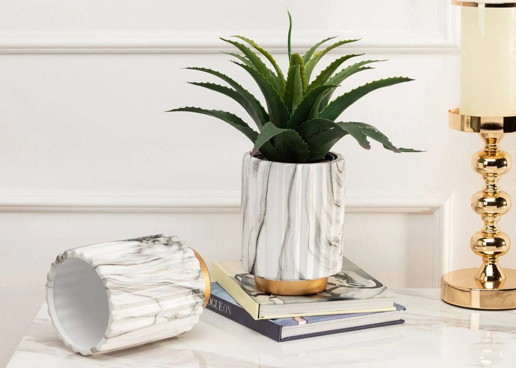 KERAMICKÝ KVETINÁČ BLUM MARBELING GOLD 16X12 CM BIELA/ZLATÁ