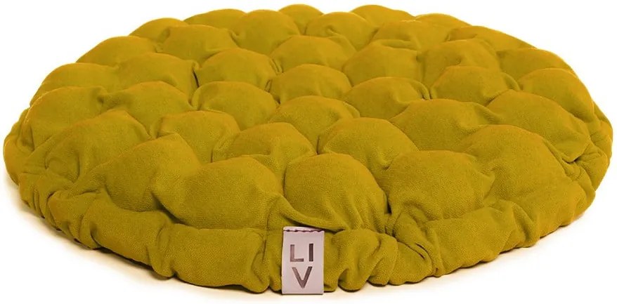 Horčicovožltý sedací vankúšik s masážnymi loptičkami Linda Vrňáková Bloom, Ø 65 cm