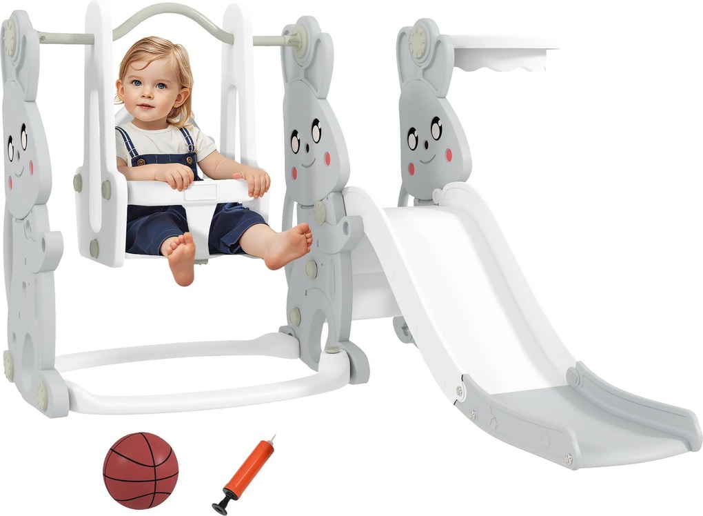 AIYAPLAY Šmykľavka 4 v 1 pre batoľatá so hojdačkou, lezeckou konštrukciou, košom na basketbal, detské ihrisko s dizajnom zajačika pre deti vo veku 1,5