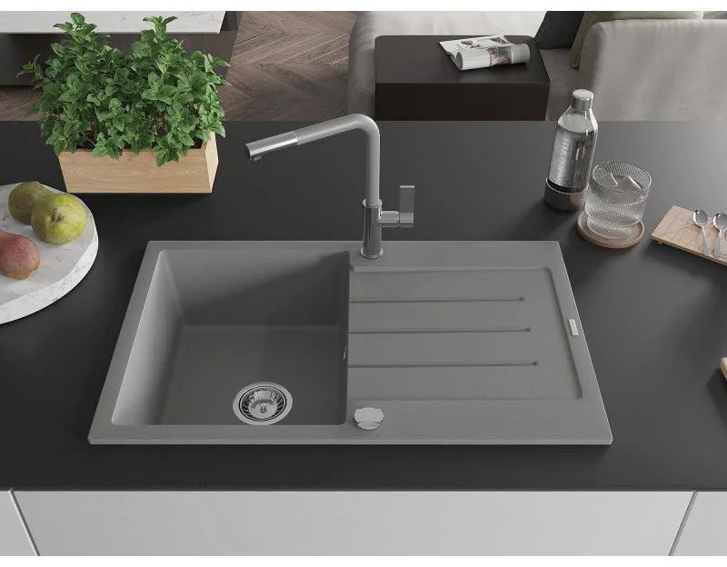 Mexen Bruno, 1-komorový granitový drez 795x495x200 mm a drezová batéria Flora, šedá, 6513-71-670401-06