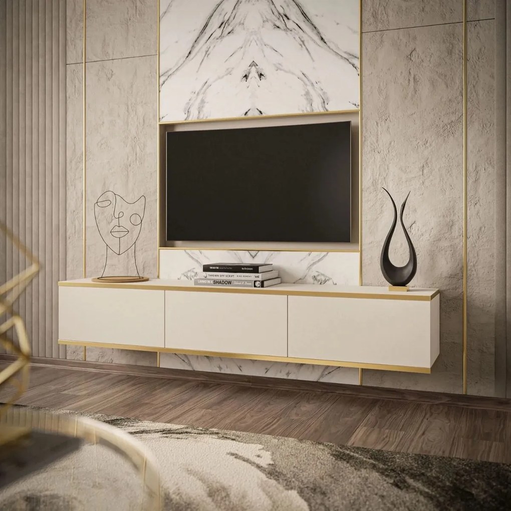 TV STOLÍK DION BÉŽOVÝ + ZLATÝ 175 cm ZÁVESNÝ / NOHY