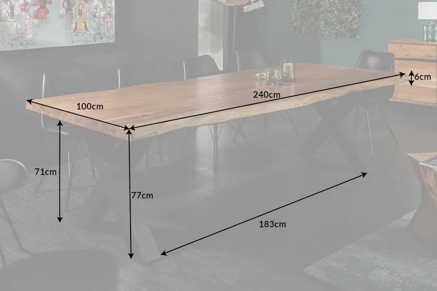 Jedálenský stôl MAMMUT 240 cm, X-nohy, 60 mm masívne akáciové drevo