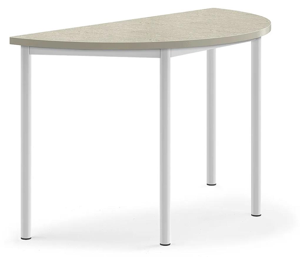 Stôl SONITUS, polkruh, 1200x600x720 mm, linoleum - svetlošedá, biela