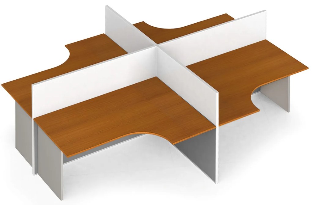 Rohový kancelársky písací stôl PRIMO s paravánom, otvorená, magnetická tabuľa, 4 miesta, sivá/čerešňa