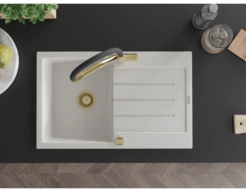 Mexen Bruno, 1-komorový granitový drez 795x495x200 mm a drezová batéria Duo, biela, 6513-20-671701-57-G