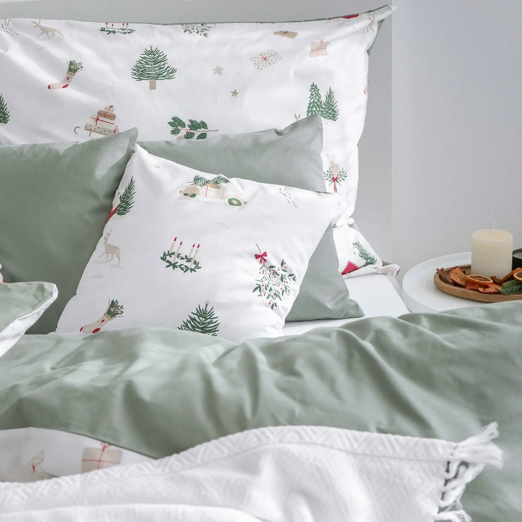 Goldea vianočné bavlnené posteľné obliečky duo - tradičné vianoce so šalviovo zelenou 140 x 200 a 70 x 90 cm
