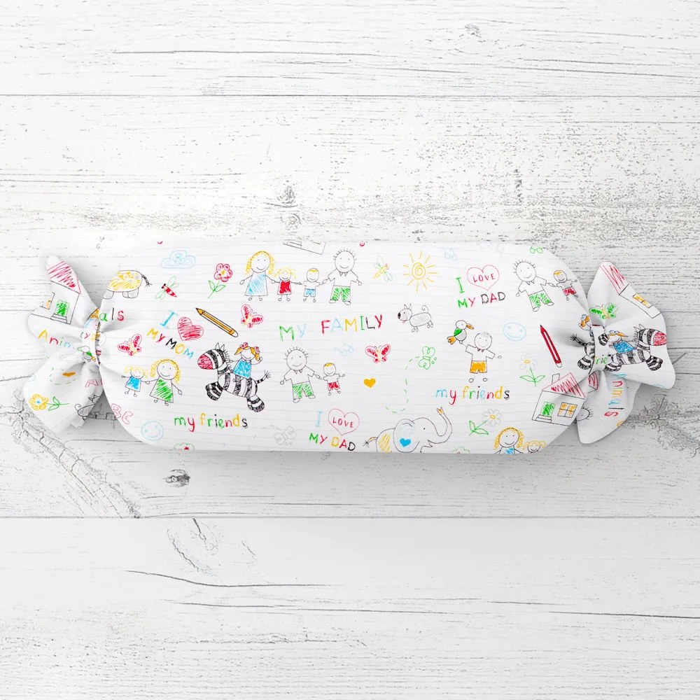 Biante Detský vankúš valec bonbon Sandra SA-041 Farebné omaľovánky 15x60 cm