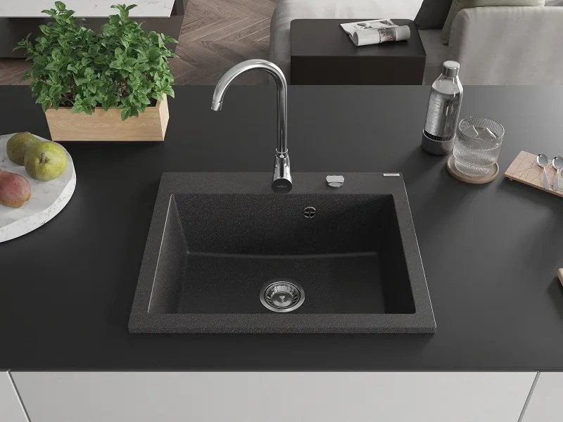 Mexen Elix žulový kuchynský drez 1-komorový 600 x 500 mm, čierny škvrnitý, sifón chróm - 6525601005-76