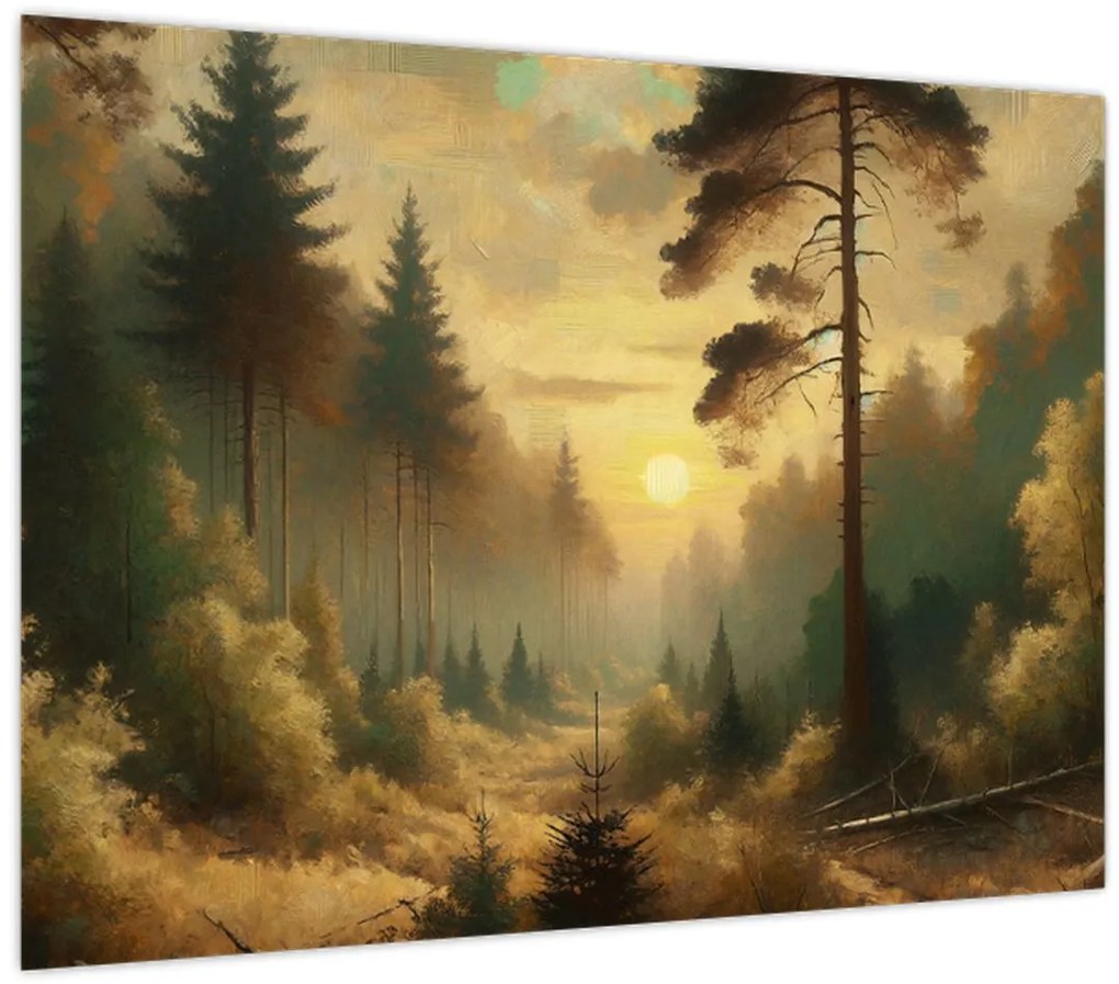 Sklenený obraz - Slnko žiariace lesom (70x50 cm)