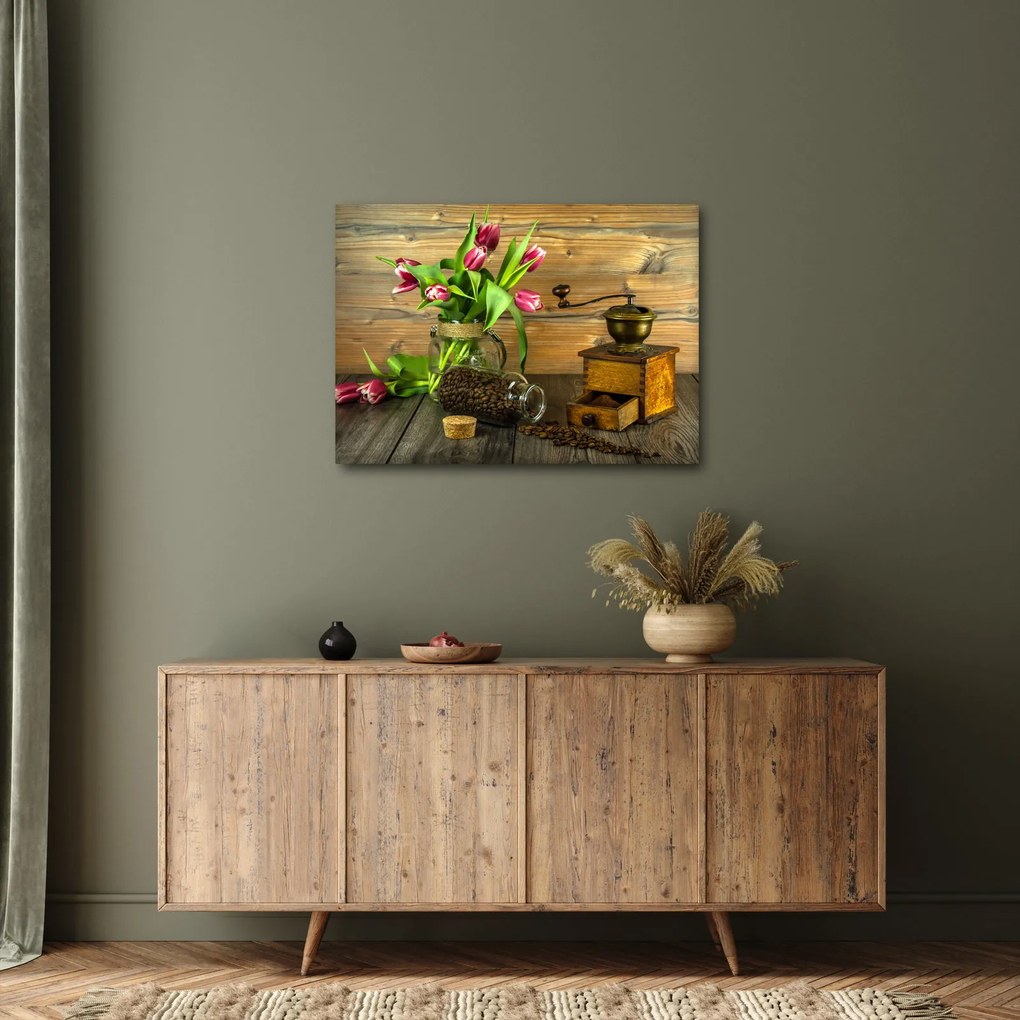 Obraz - tulipány, mlynček a káva (70x50 cm)