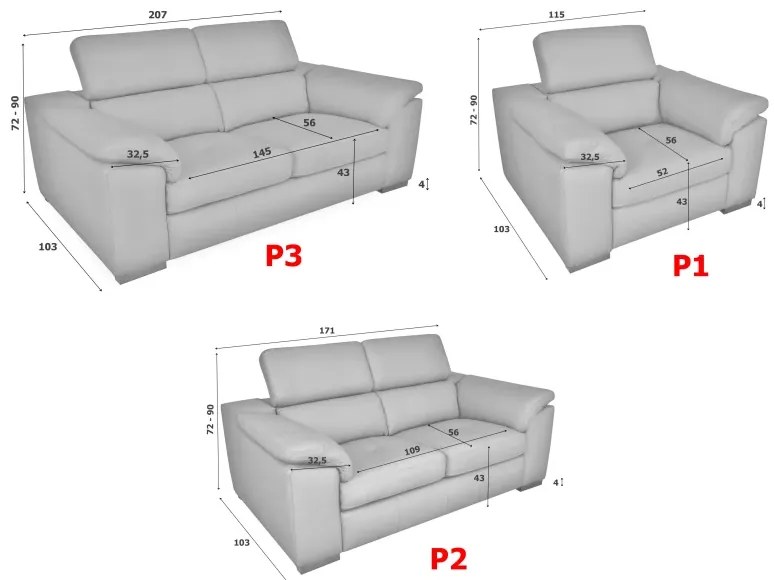 Moderná kožená sedacia súprava LOREN II 3+2+1, sivá (madras - 128 grey)