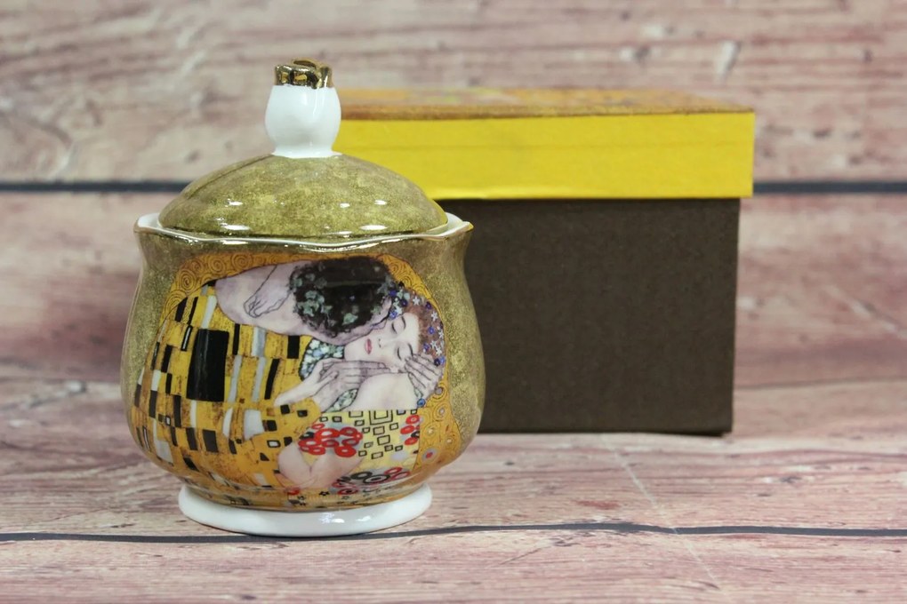 Keramická šálka so sitkom a vrchnákom ( GUSTAV KLIMT) v darčekovej krabici - hnedá