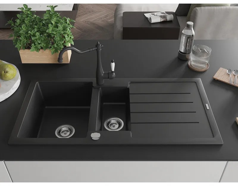 Mexen Andres, granitový drez 1000x500x200 mm, 1,5-komorový a drezová batéria Carla, čierna, 6515-77-670700-70
