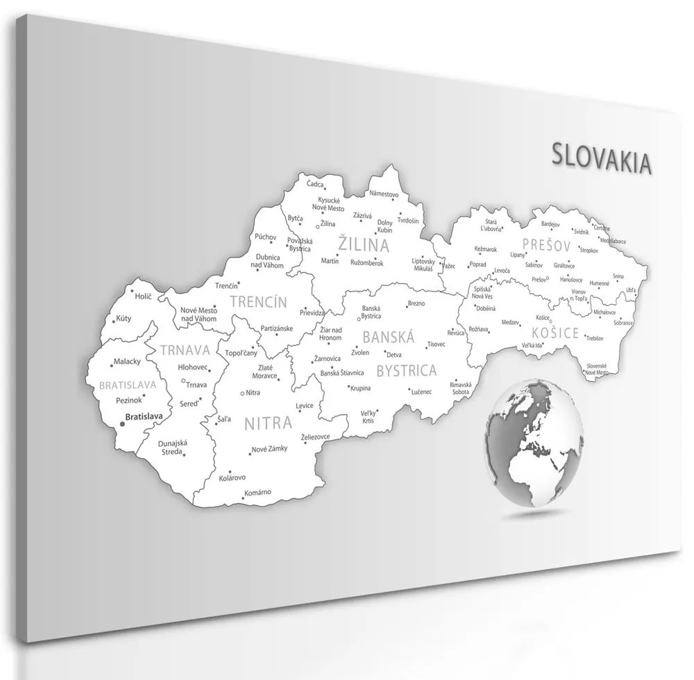 Obraz podrobná mapa Slovenska v čiernobielom prevedení - 90x60