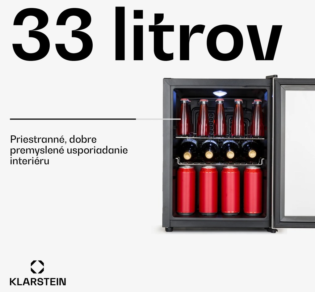 Klarstein Beersafe M, chladnička, energet. trieda C, LED, 2 kovové police, sklenené dvierka, čierna