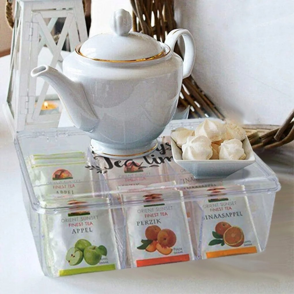 VILDE 2. akosť - Krabička na čaje, organizér so 6 priehradkami, transparentný TEA