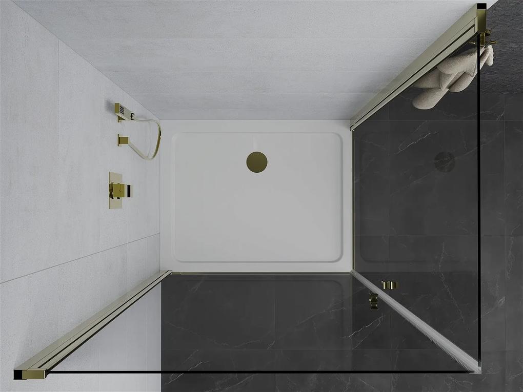 Mexen Pretoria Duo, sprchovací kút s 2-krídlovými dverami 80 (dvere) x 70 (dvere) cm, 6mm číre sklo, zlatý profil + slim sprchová vanička 5cm biela so zlatým sifónom, 852-080-070-50-02-4010G