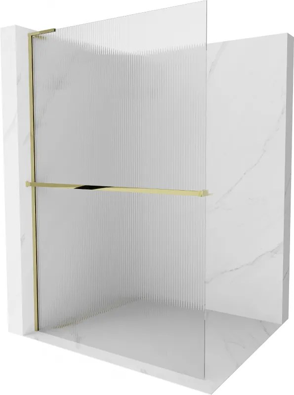 Mexen Kioto+ L, sprchová zástena Walk-In s poličkou a vešiakom 110 x 200 cm, 8mm sklo s rebrovým vzorom, zlatý lesklý profil,800-110-123-50-09