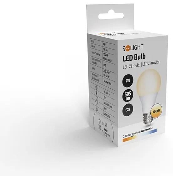 SOLIGHT SMD LED žiarovka klasický tvar A60 7W, E27, 3000K, 270°, 595lm