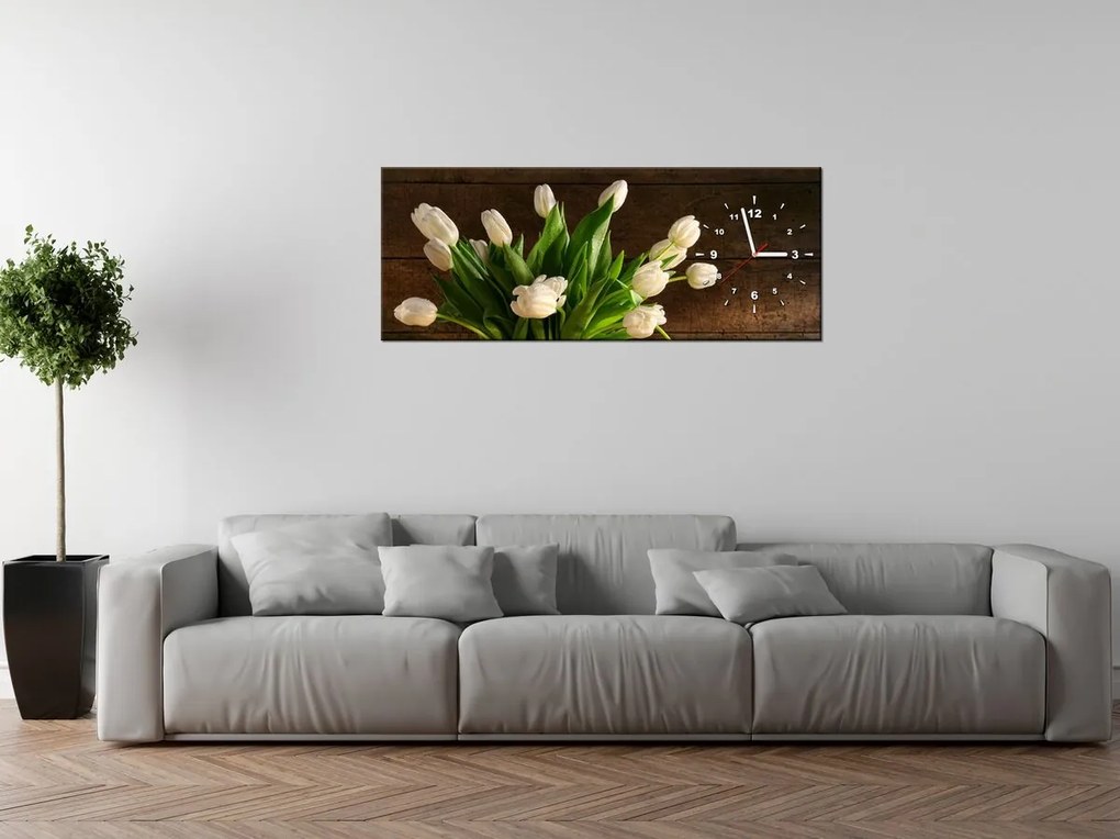 Gario Obraz s hodinami Očarujúce biele tulipány Rozmery: 100 x 40 cm