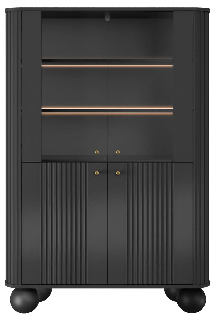 Vitrína Vesper 103 cm štvordverová - čierna / zlaté úchytky / guľaté nohy