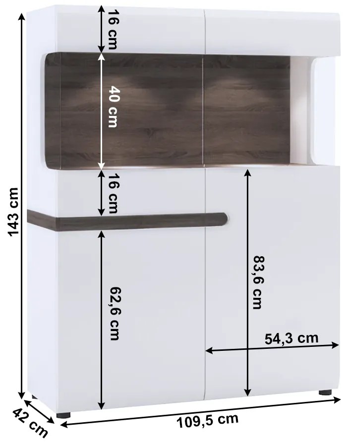 Tempo Kondela Vitrína, biela extra vysoký lesk HG/dub sonoma tmavý, LYNATET TYP 33