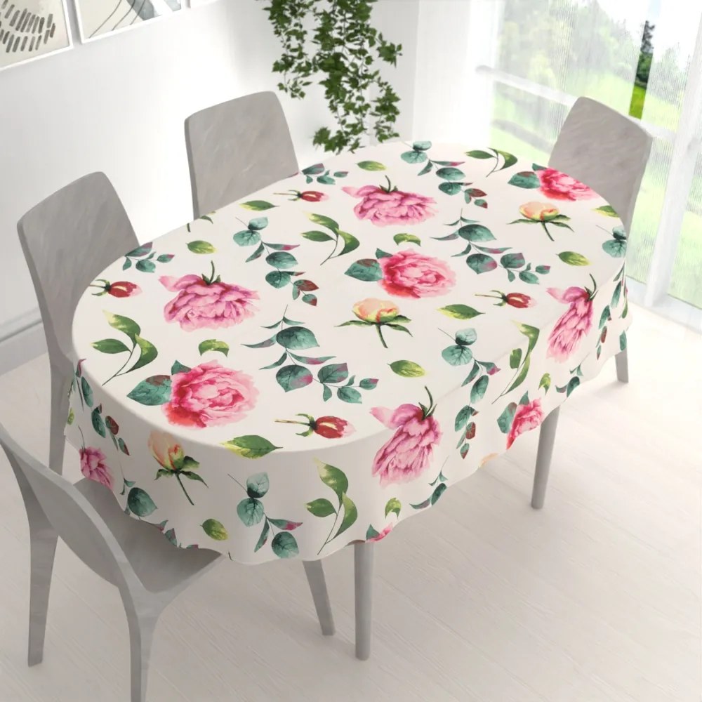 Biante Bavlnený oválny obrus Sandra SA-715 Veľké ružovočervené pivonky na smotanovom 120x180 cm