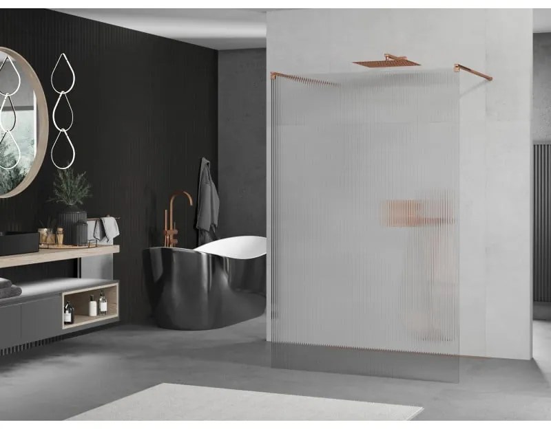 Mexen Kioto, sprchová zástena Walk-In 130 x 200 cm, 8mm sklo s rebrovým vzorom, ružové zlato profil, 800-130-002-60-09