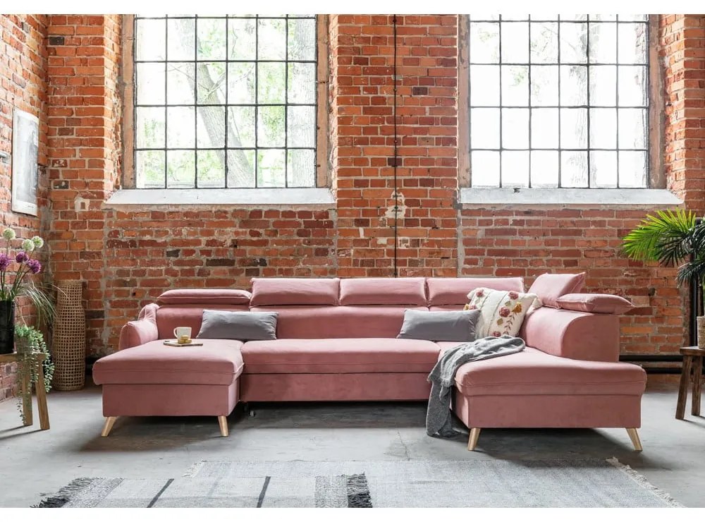 Svetloružová zamatová rozkladacia rohová pohovka do "U" (pravý roh) Sweet Harmony – Miuform