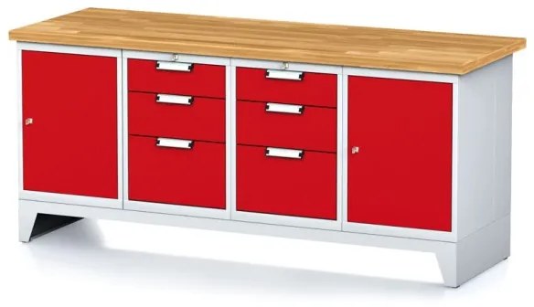 Alfa 3 Dielenský stôl MECHANIC I, 2 skrinky a 2x 3 zásuvkový box na náradie, 6 zásuviek, 2000x700x880 mm, červené dvere