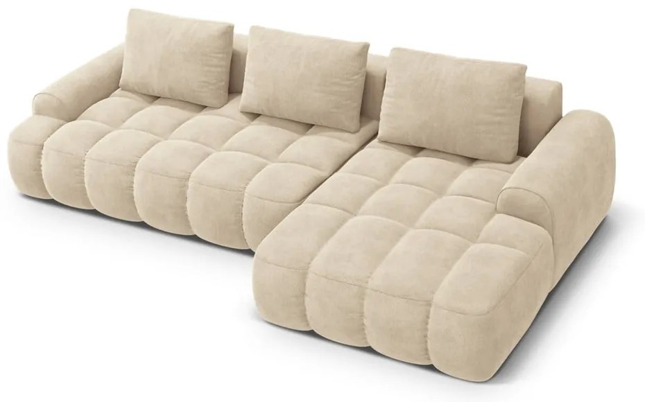 Béžová zamatová rozkladacia/s úložným priestorom rohová pohovka (pravý roh/s leňoškou) Linz – Cosmopolitan Design