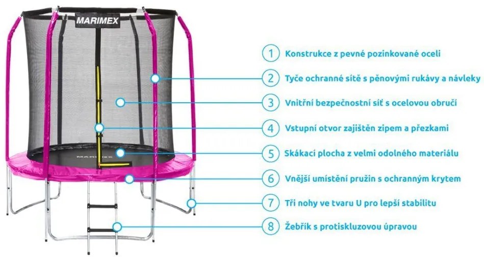 Marimex trampolína 183 cm, ružová + ochranná sieť + schodíky