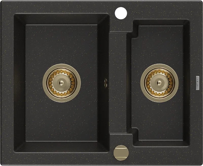Mexen Carlos, granitový drez 582x475x177 mm, 1,5-komorový, čierna-zlatá metalíza so zlatým sifónom, 6518581500-75-G