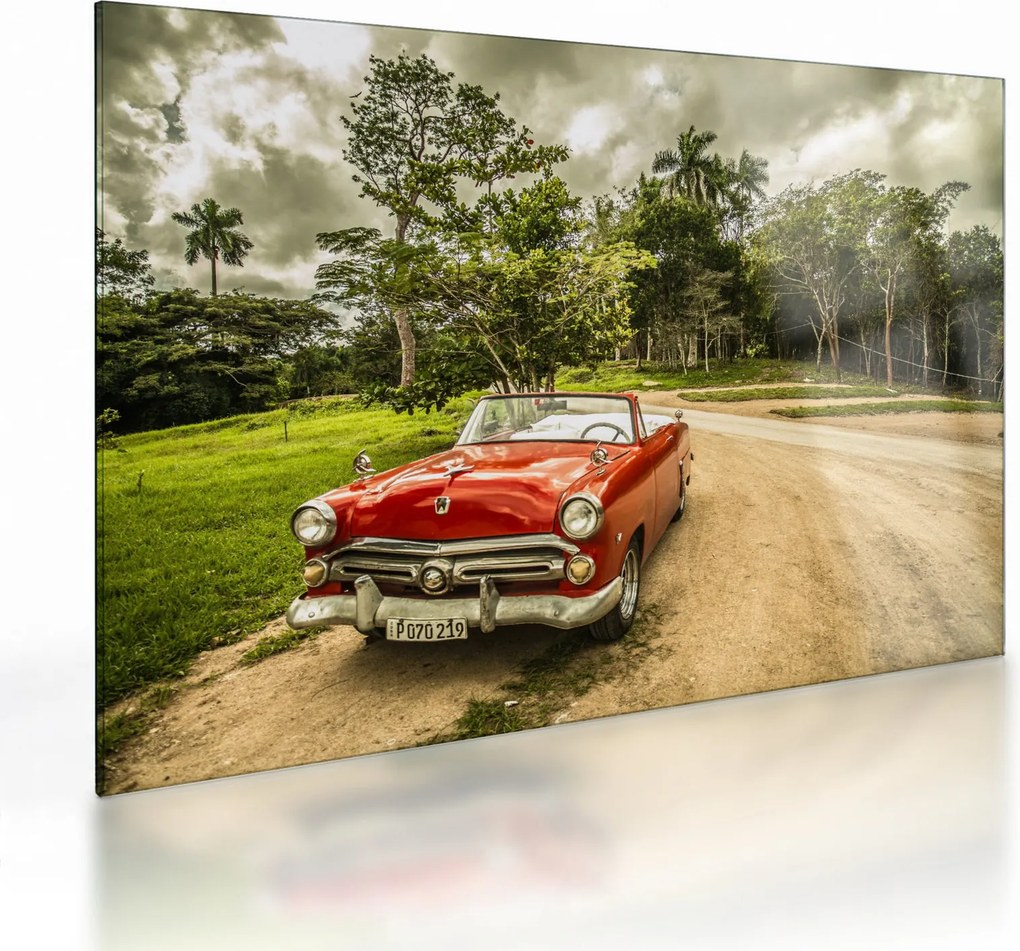 Sklenený obraz - auto veterán v prírode (70x50 cm)