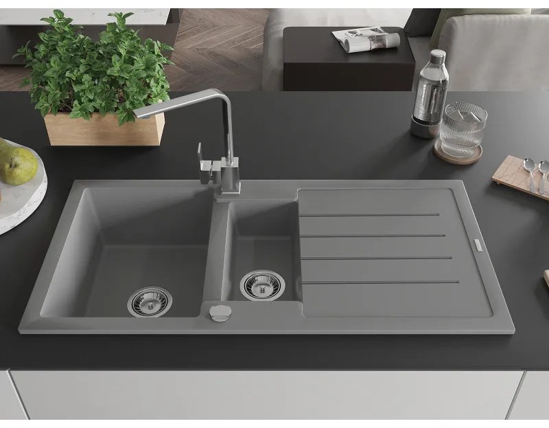Mexen Andres, granitový drez 1000x500x200 mm, 1,5-komorový, šedá s chrómovým sifónom a chrómová drezová batéria Rita, 6515-71-670300-00