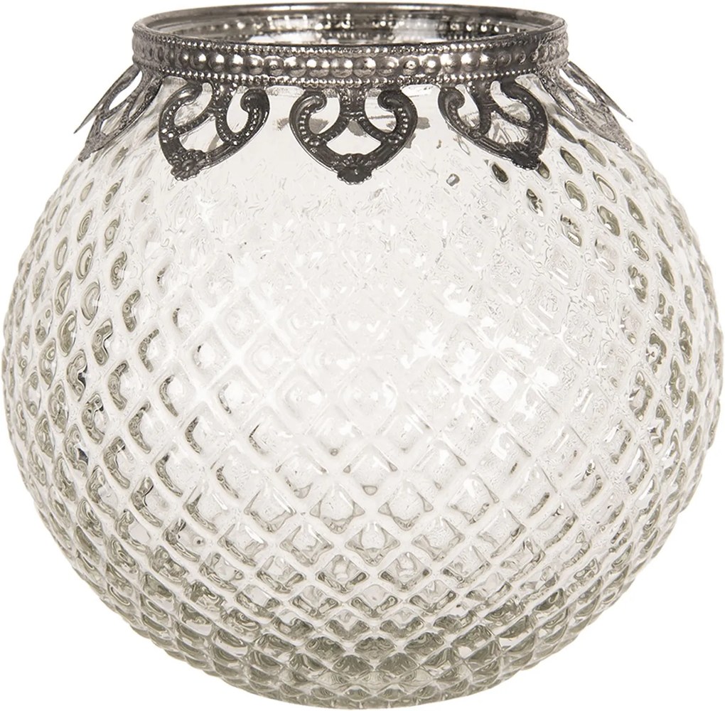 Sklenený transparentné svietnik na čajovú sviečku s kovovým zdobením - Ø 14 * 13 cm