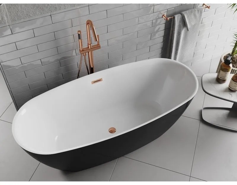 Mexen Luvo Slim, voľne stojaca vaňa 170 × 75 cm, biela-čierna, ružové zlato prepad, 52801707575-60