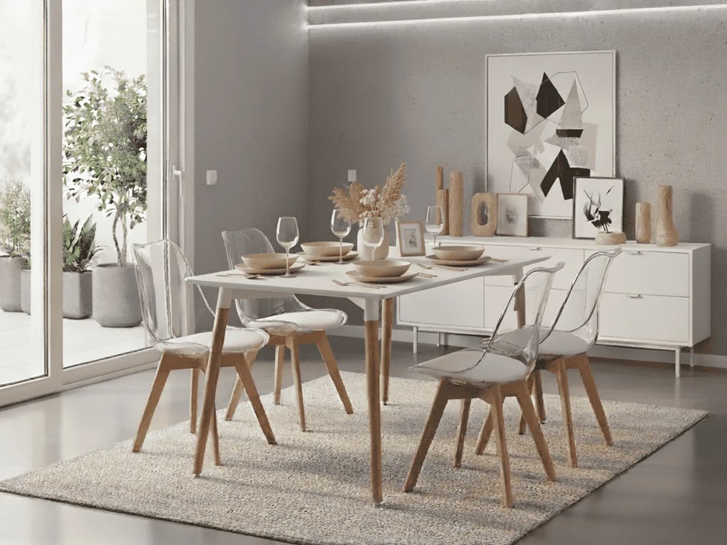 Jedálenský set 1 + 4, biely stôl ADRIA 120x80 cm + transparentné stoličky BALI MARK s bukovými nohami