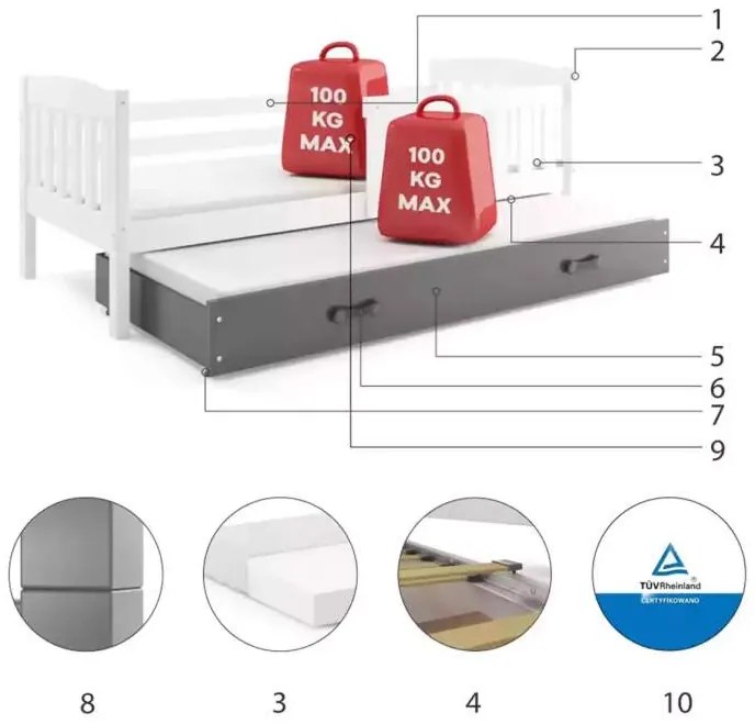 Posteľ s prístelkou KUBO 2 190x90 biela - grafit