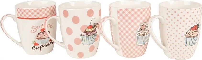 Set 4ks bielo-ružový porcelánový hrnček s tortičkami Cupcake - 8*10 cm / 0,3L