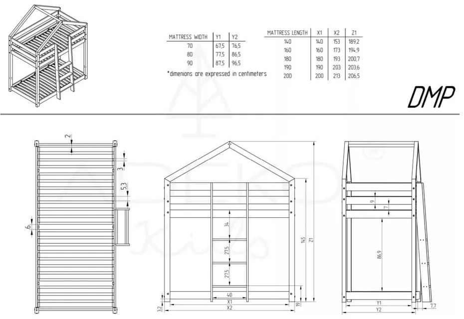 Domčeková poschodová detská posteľ z borovicového dreva 90x200 cm v prírodnej farbe Mila DMP – Adeko