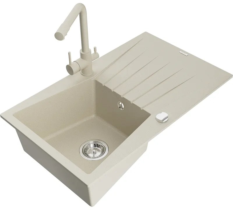 Mexen Cesar, granitový drez 775x470x190 mm, 1-komorový a béžová batéria Duero, béžová, 6514-69-671600-69