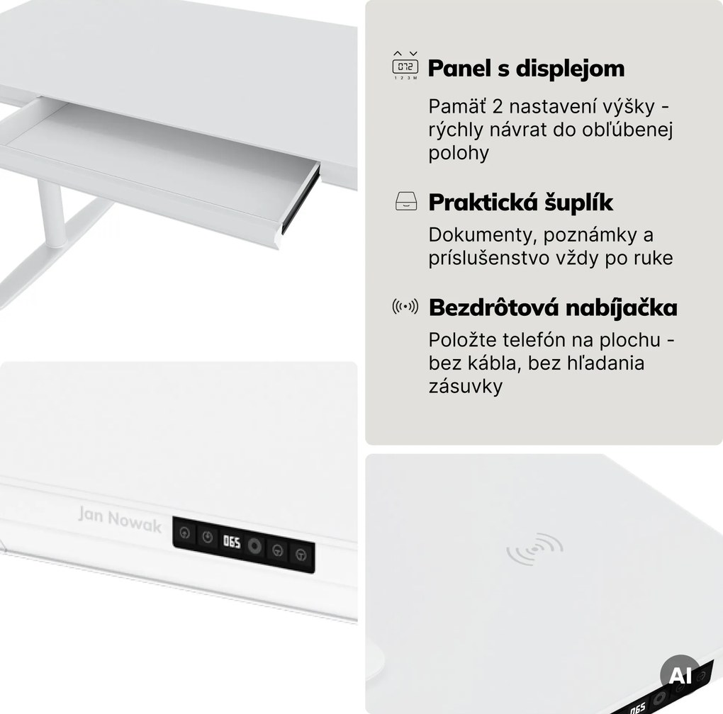 Elektrický písací stôl sit-stand so zásuvkou a bezdrôtovou nabíjačkou Qi biely, 1400 mm: ELLIS