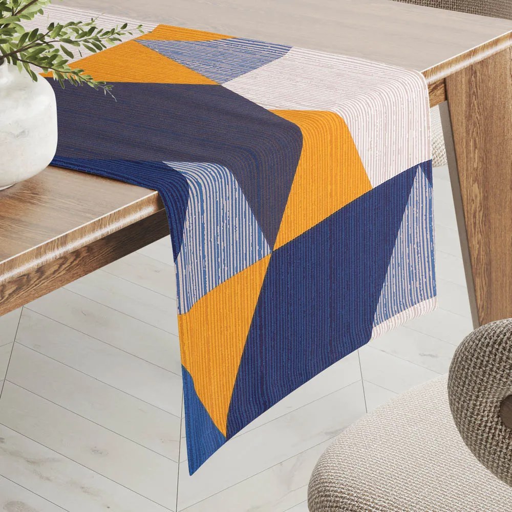 Biante Bavlnený behúň na stôl Sandra SA-390 Modro-béžovo-oranžové trojuholníky 35x120 cm